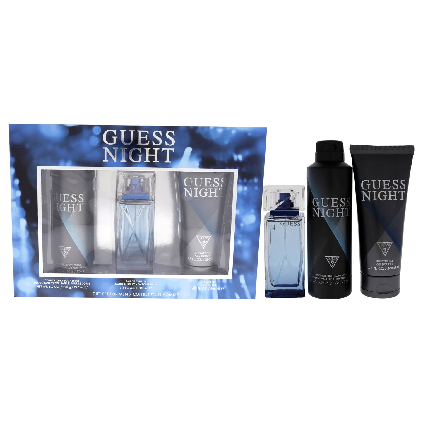 Guess Night by Guess for Men 3 Pc Gift Set 3.4oz EDT Spray , 6.0oz Body Spray, 6.7oz Shower Gel