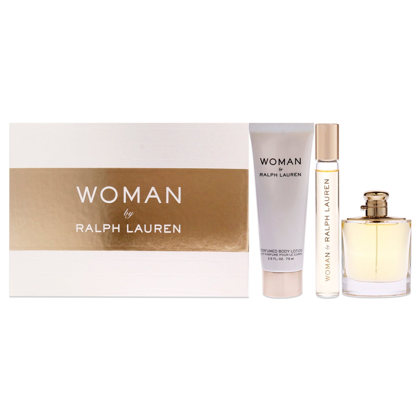 Woman by Ralph Lauren for Women 3 Pc Gift Set 3.4oz EDP Spray, 0.34oz EDP Rollerball, 2.5oz Perfumed Body Lotion