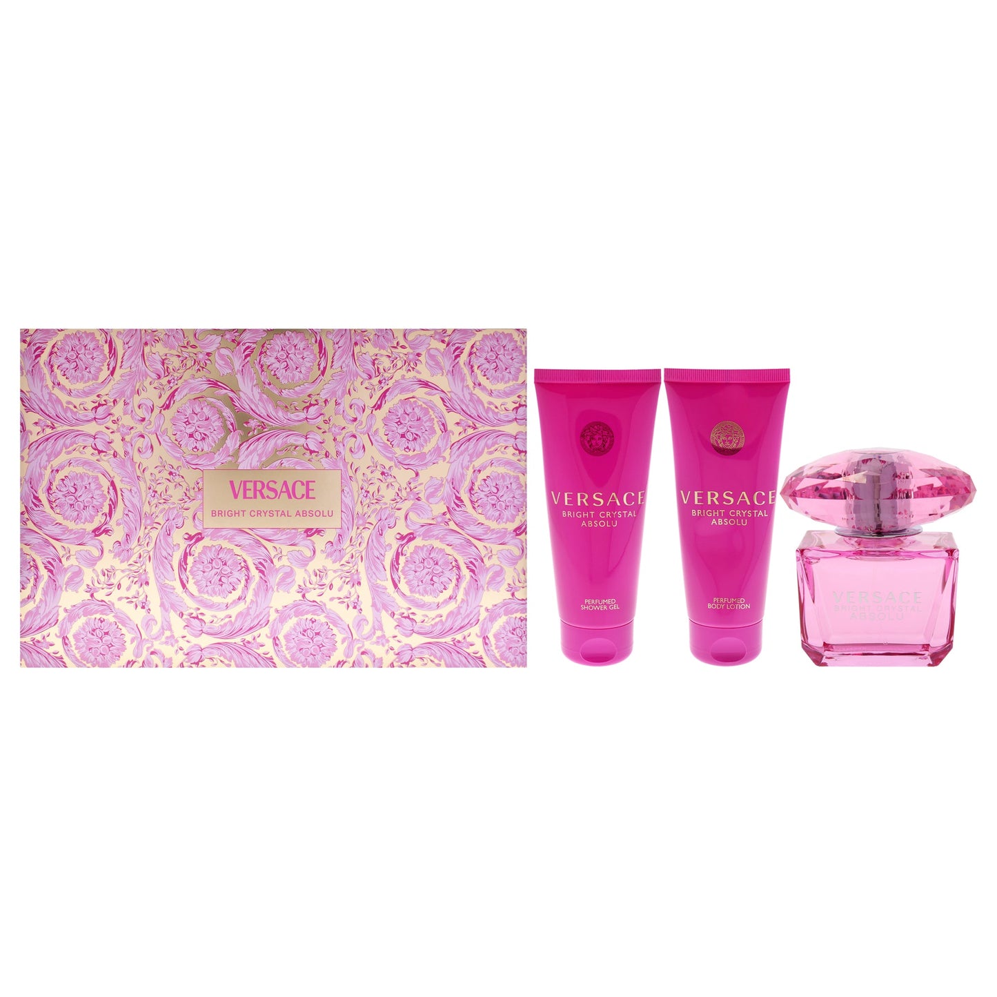 Bright Crystal Absolu by Versace for Women - 4 Pc Gift Set - 3oz EDP Spray, 3.4oz Shower Gel, 3.4oz Body Lotion, Bag