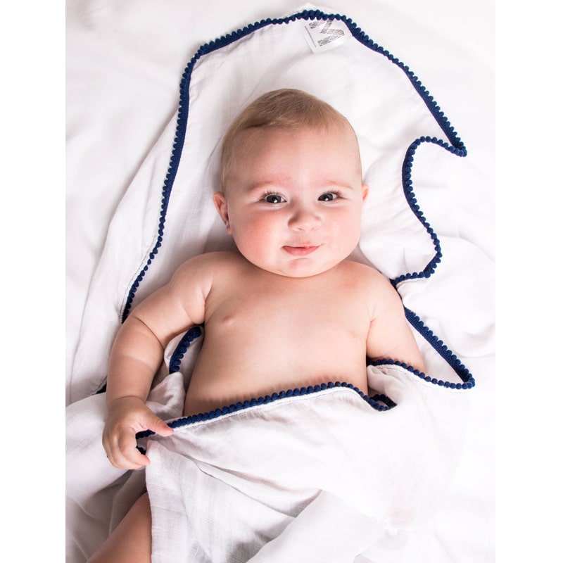 Luxe Silky Soft Bamboo Cotton Swaddle – Navy Pom Pom Trim