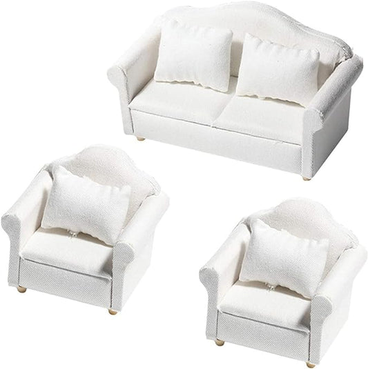 7Pcs Dollhouse Sofa Set,1/12 Dollhouse Decor 3Pcs White Fabric Sofa, 4Pcs Pillow
