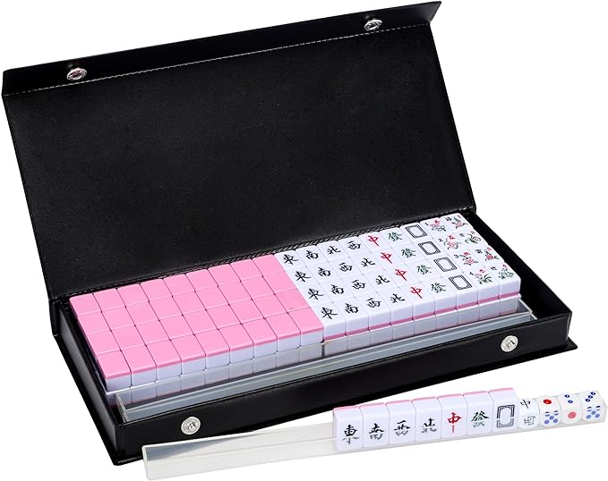 Pink Travel Mahjong Mini Set 20mm with Instructions - Portable 146 Tiles - for Beginners with 4PCS Racks 2 Pounds
