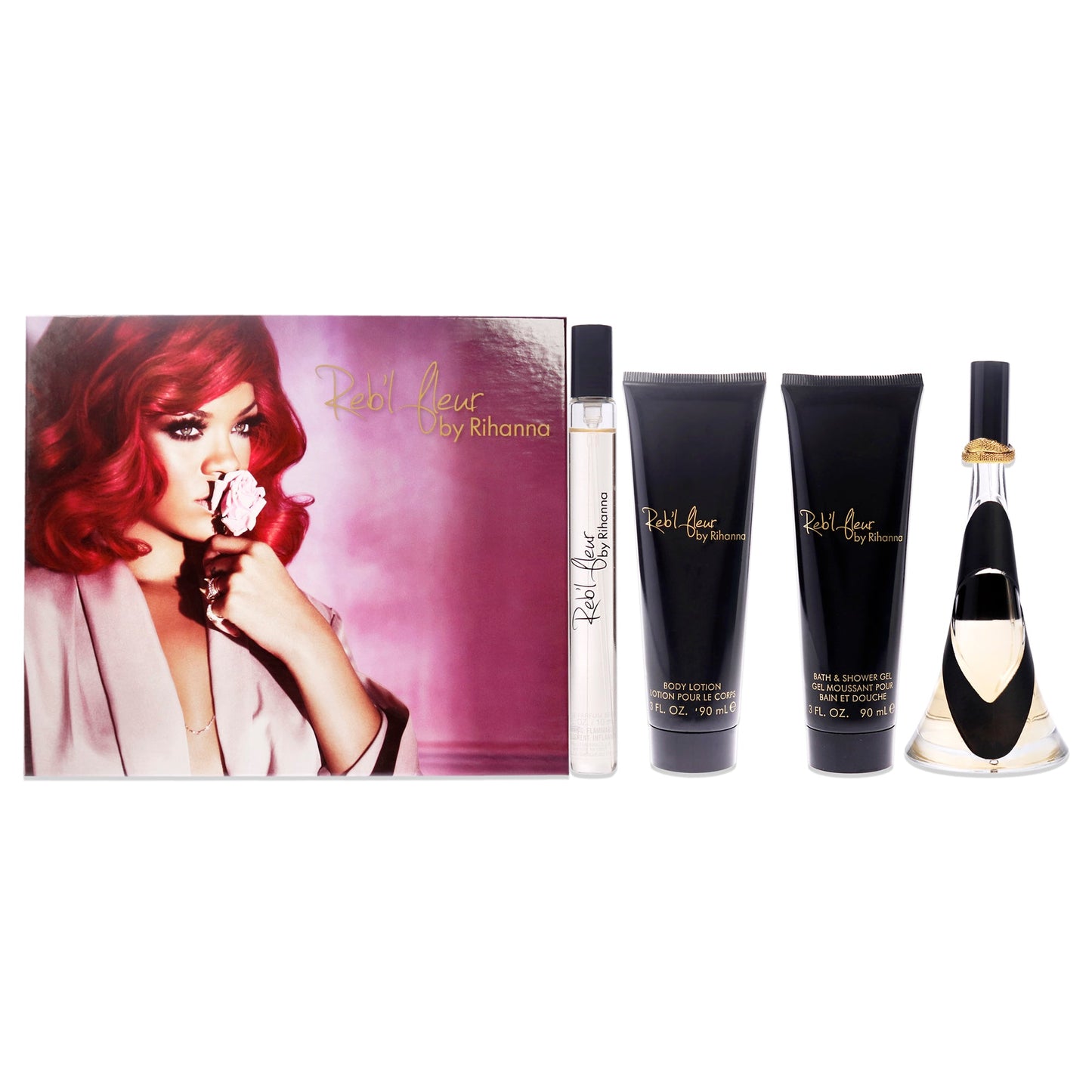 Rebl Fleur by Rihanna for Women 4 Pc Gift Set 3.4oz EDP Spray, 3oz Body Lotion, 3oz Bath and Shower Gel, 10ml EDP Spray