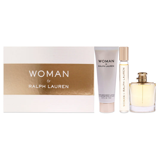 Woman by Ralph Lauren for Women 3 Pc Gift Set 3.4oz EDP Spray, 0.34oz EDP Rollerball, 2.5oz Perfumed Body Lotion